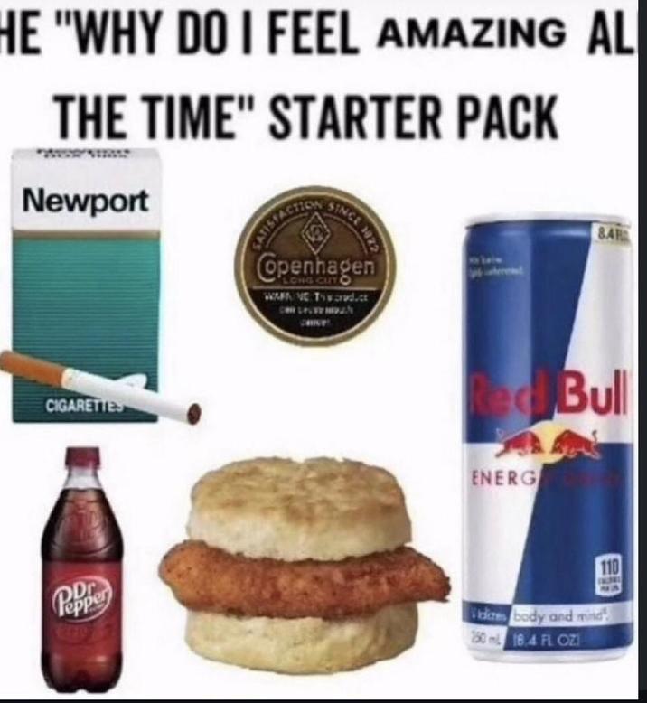 HE "WHY DO I FEEL AMAZING AL THE TIME" STARTER PACK Newport SATISFACTI SINCE Copenhagen WAFA NC Trad.ct 8.4 CIGARETTES Red Bull ENERG 110 即 Pepper Vidizes body and mind 250 ml 18.4 FL OZI