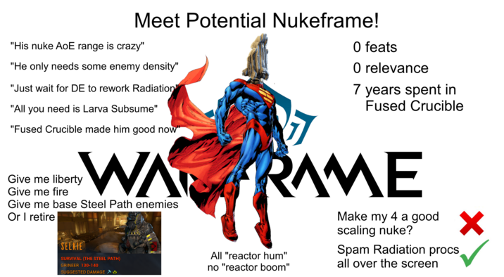 The Warframe Qorvex has had a cult following ever since his release. Despite that, there is a gap between his perceived power and his actual performance. The meme portrays him as a "Potential Man" who creates the illusion of a strong nuke Warframe through Crucible Blast’s many damage instances, despite his damage actually struggling to scale in higher-level content beyond base Steel Path missions.
