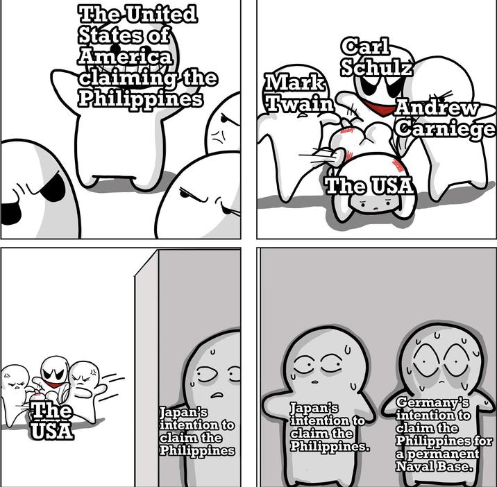 The United States of America Carl Schulz claiming the Mark Philippines Twain Andrew A Carniege The USA (•). The USA Japan's intention to claim the Philippines Japan's intention to claim the Philippines. Germany's intention to claim the Philippines for a permanent Naval Base.