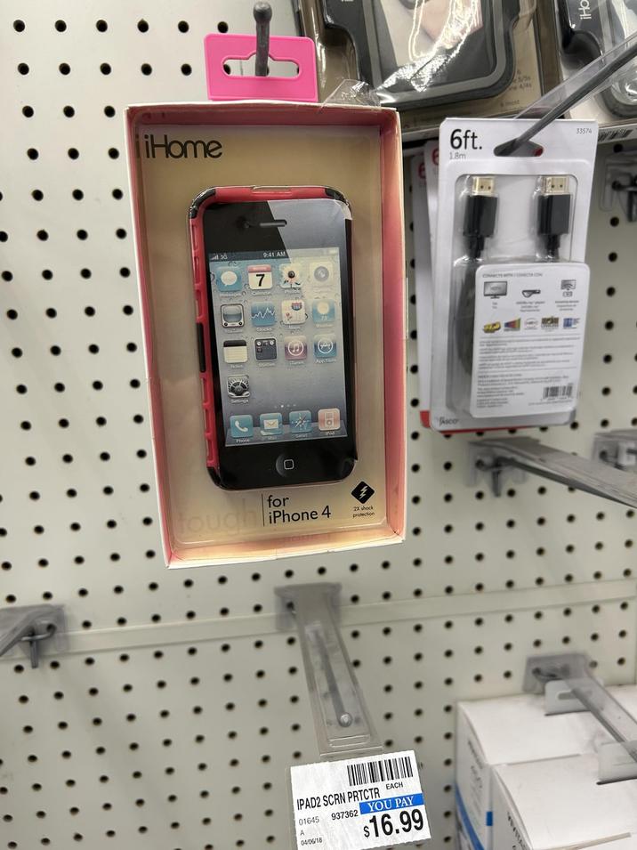 Home 3G 9:41 AM YouTube 7 www Notes Utilities iTunes Hough O for iPhone 4 2X shock protection EACH IPAD2 SCRN PRTCTR 937362 YOU PAY 01645 A 04/06/18 $16.99 6ft. 1.8m Asco 5/5s ne 4/4s most CONNECTS WITH/CONECTA CON OH! 33574