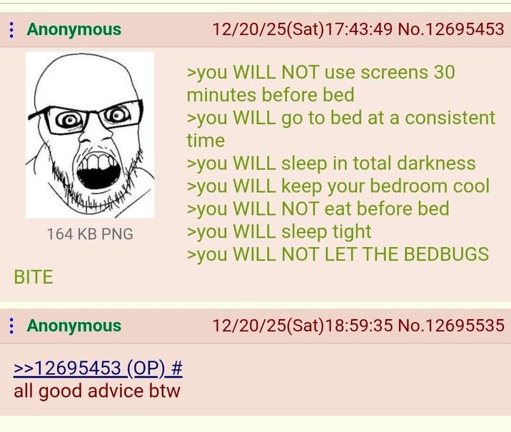 Anonymous BITE 164 KB PNG Anonymous >>12695453 (OP) # all good advice btw 12/20/25(Sat) 17:43:49 No.12695453 >you WILL NOT use screens 30 minutes before bed >you WILL go to bed at a consistent time >you WILL sleep in total darkness >you WILL keep your bedroom cool >you WILL NOT eat before bed >you WILL sleep tight >you WILL NOT LET THE BEDBUGS 12/20/25(Sat) 18:59:35 No. 12695535
