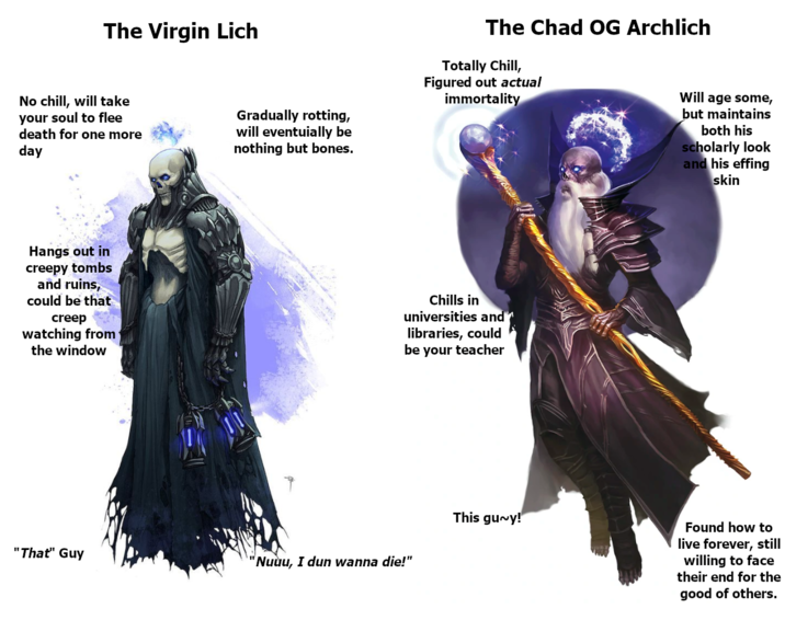 The Virgin Lich No chill, will take your soul to flee death for one more day Gradually rotting, will eventuially be nothing but bones. The Chad OG Archlich Totally Chill, Figured out actual immortality Hangs out in creepy tombs and ruins, could be that creep watching from the window Chills in universities and libraries, could be your teacher This guy! "That" Guy "Nuuu, I dun wanna die!" Will age some, but maintains both his scholarly look and his effing skin Found how to live forever, still willing to face their end for the good of others.