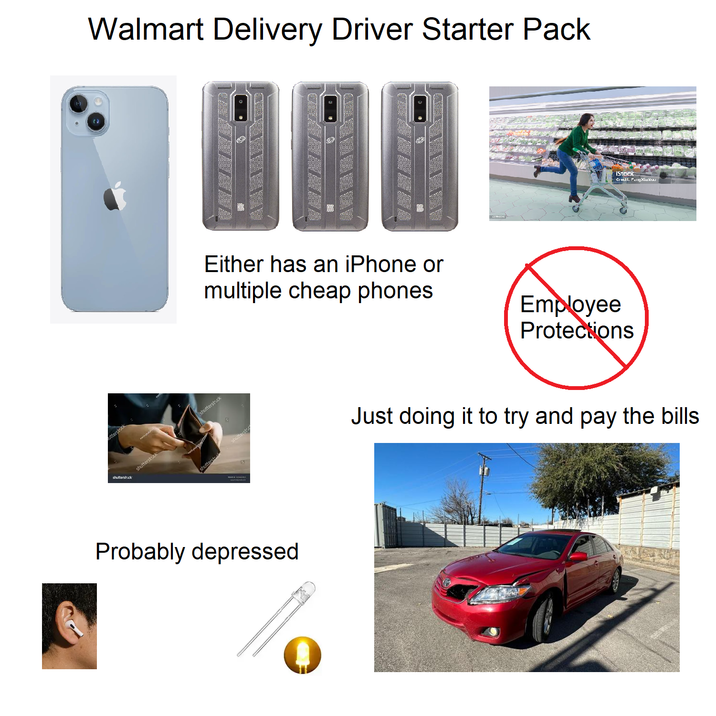 utterstock shutterstock shutterstock Walmart Delivery Driver Starter Pack shutterstock Either has an iPhone or multiple cheap phones Employee Protections shutterst shutter Probably depressed iStack Credil. Fanny Xiaw Just doing it to try and pay the bills