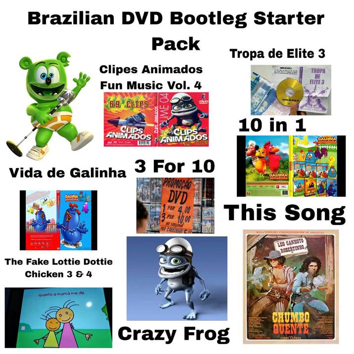 Brazilian DVD Bootleg Starter Pack Clipes Animados Fun Music Vol. 4 69 CLIPS CLIPS ANIMADOS 2 DVD CLIPS ANIMADOS 69 CLIPS Vida de Galinha 3 For 10 GALINHA pintacin PROMOCAO DVD POR 4.00 POR 10,00 NO SAQUINHO NA CAIXINHA COO Tropa de Elite 3 TROPOLITE 10 in 1 GALINHA pintadinha TROPA DE ELITE 3 VENT GALINHA pintadinha This Song BH. TOPAZIO CINEMATOGRAFICAS APRESENTAM LEO CANHOTO ROBERTINHO The Fake Lottie Dottie Chicken 3 & 4 quanto a mama me diz Crazy Frog CHUMBO QUENTE CLERY CUNHA