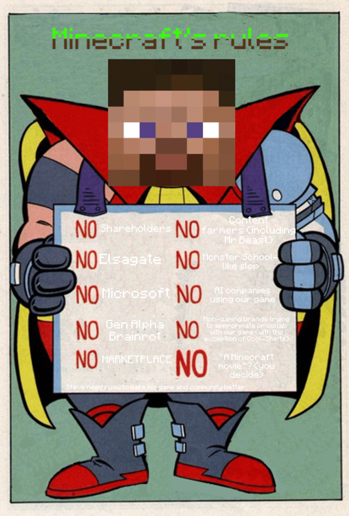 Hinecraft's rutes NO Shareholder's NO Content O farmers (including Mr Beast) NO Elsagate NO Monster School- NO Microsoft NO NO 9 9 9 99 Gen Alpha NO Brainrot NO MARKETPLACE NO like slop AI companies using our game Non-gaming brands trying to approrpiate or collab with our game (with the exception of Cool-Shirts) "A Minecraft movie"? (you decide) Steve needs you to make his game and community better