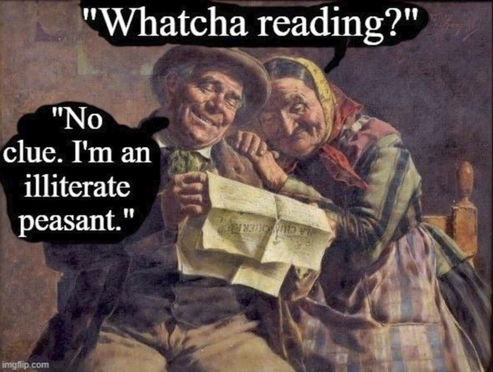 "Whatcha reading?" "No clue. I'm an illiterate peasant." imgflip.com