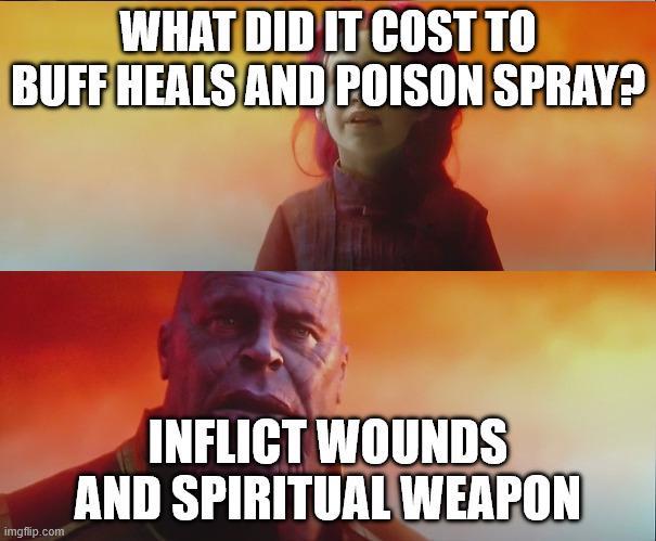 WHAT DID IT COST TO BUFF HEALS AND POISON SPRAY? imgflip.com INFLICT WOUNDS AND SPIRITUAL WEAPON