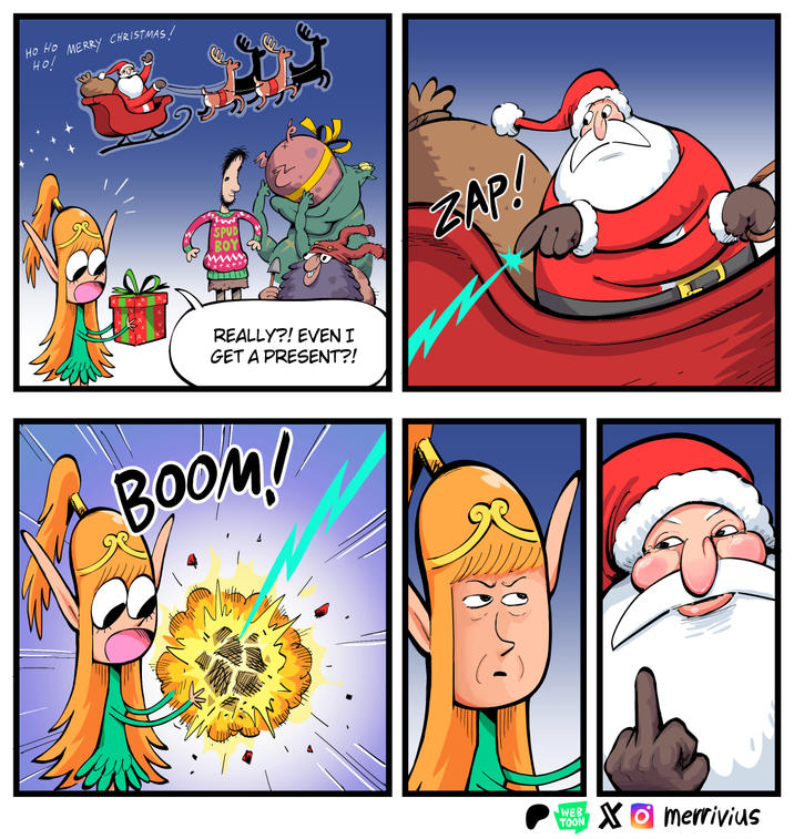 Но но HO! MERRY CHRISTMAS! SPUD BOY REALLY?! EVEN I GET A PRESENT?! BOOM! ZAP! WEB TOON Xmerrivius