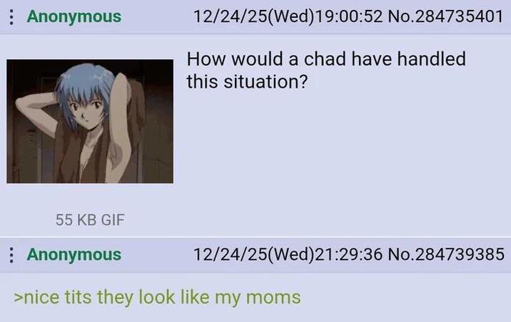 Anonymous 12/24/25(Wed)19:00:52 No.284735401 How would a chad have handled this situation? 55 KB GIF Anonymous 12/24/25(Wed)21:29:36 No.284739385 >nice t--- they look like my moms