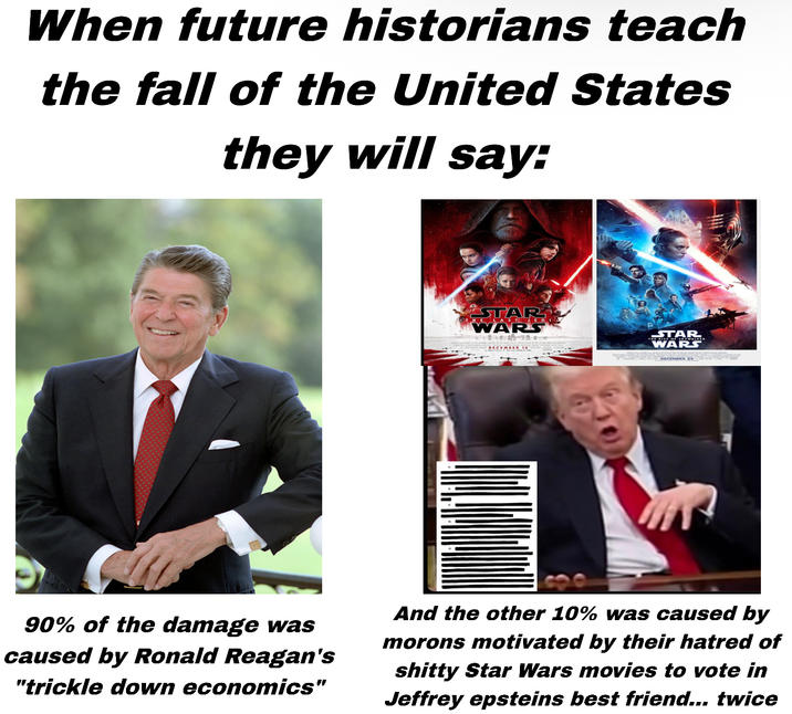 When future historians teach the fall of the United States they will say: STAR WARS STAR WARS DECEMBER 15 DECEMBER 20 90% of the damage was caused by Ronald Reagan's "trickle down economics" And the other 10% was caused by morons motivated by their hatred of s----- Star Wars movies to vote in Jeffrey epsteins best friend... twice