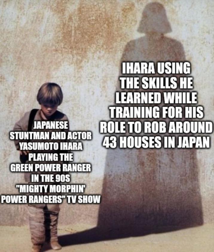 JAPANESE STUNTMAN AND ACTOR YASUMOTO IHARA PLAYING THE GREEN POWER RANGER IN THE 90S "MIGHTY MORPHIN' POWER RANGERS" TV SHOW IHARA USING THE SKILLS HE LEARNED WHILE TRAINING FOR HIS ROLE TO ROB AROUND 43 HOUSES IN JAPAN