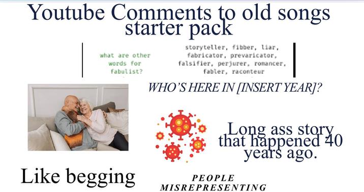 Youtube Comments to old songs starter pack what are other words for fabulist? storyteller, fibber, liar, fabricator, prevaricator, falsifier, perjurer, romancer, fabler, raconteur WHO'S HERE IN [INSERT YEAR]? Long ass story that happened 40 years ago. Like begging PEOPLE MISREPRESENTING