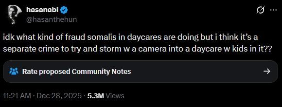 A post by Hasan Piker about Nick Shirley's Somali daycare fraud espose video. He criticizes Nick.