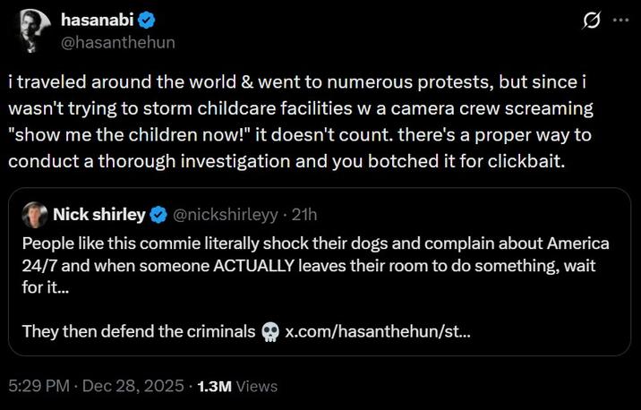 Hasan responding to criticism by Nick Shirley. They are arguing over Somali daycare fraud allegations brought to light by Nick.