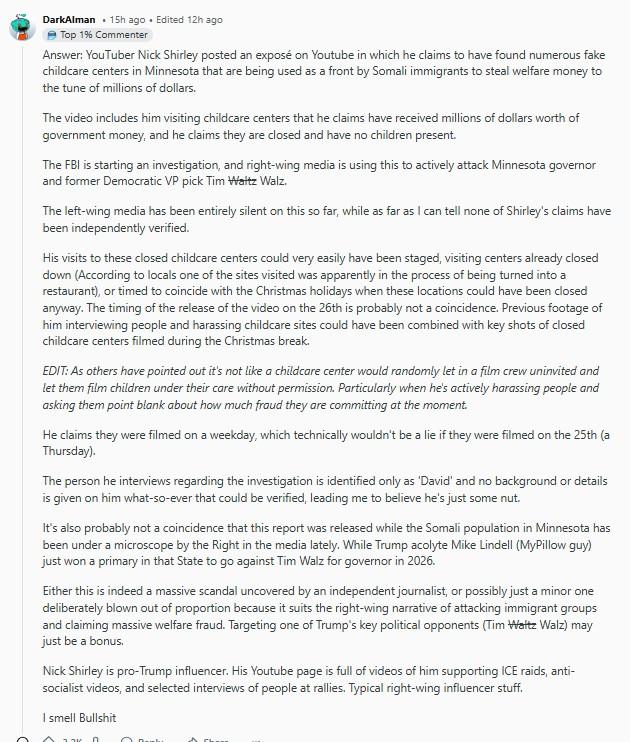 A post criticizing Nick Shirley's claims of Somali daycare fraud. The post explains in detail their suspicions.