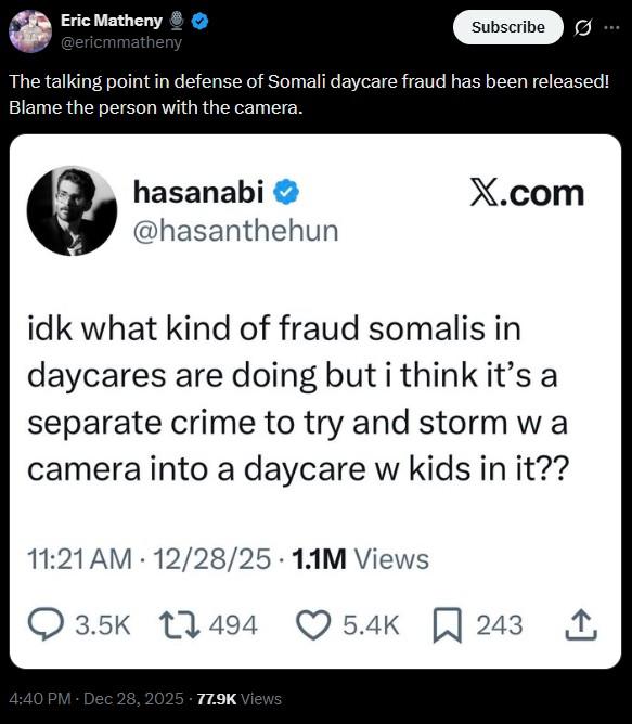 Eric Matheny @ericmmatheny Subscribe 0 The talking point in defense of Somali daycare fraud has been released! Blame the person with the camera. hasanabi @hasanthehun X.com idk what kind of fraud somalis in daycares are doing but i think it's a separate crime to try and storm wa camera into a daycare w kids in it?? 11:21 AM 12/28/25 1.1M Views 3.5K 494 4:40 PM - Dec 28, 2025 77.9K Views 5.4K 243 ↑