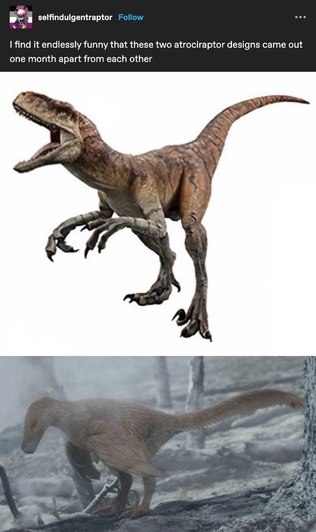 selfindulgentraptor Follow I find it endlessly funny that these two atrociraptor designs came out one month apart from each other