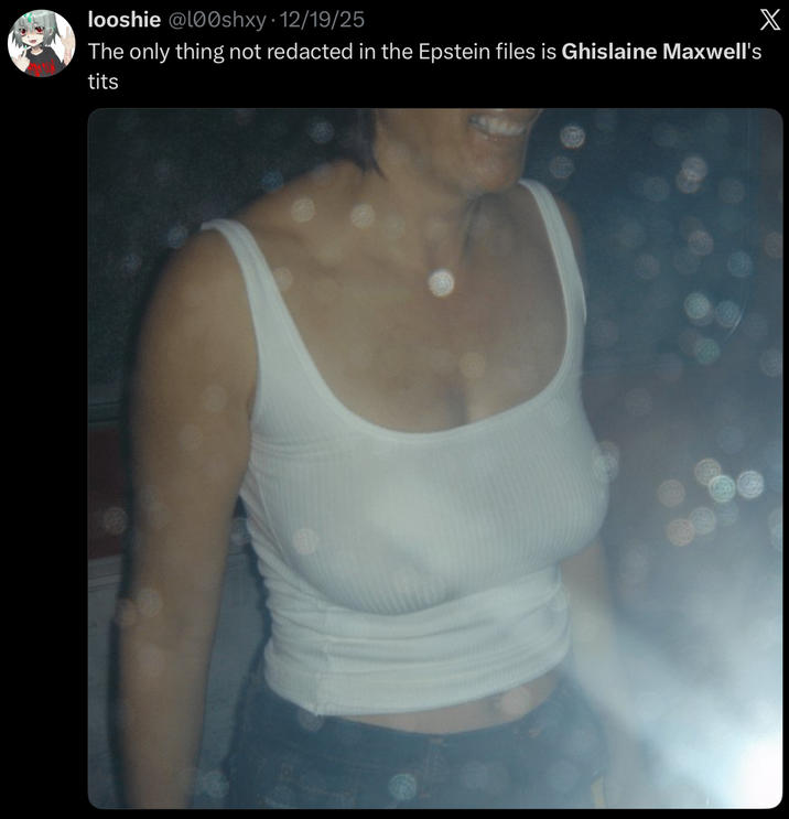 looshie @l00shxy • 12/19/25 The only thing not redacted in the Epstein files is Ghislaine Maxwell's t--- X