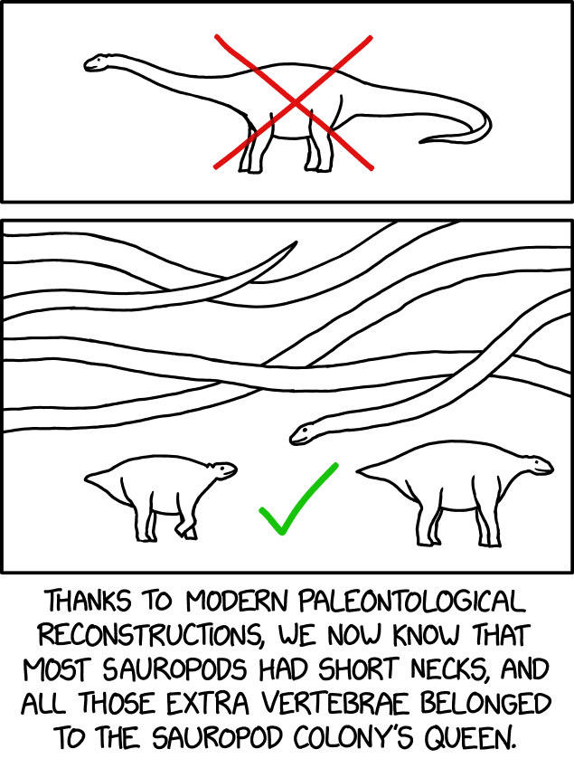 تریا чан THANKS TO MODERN PALEONTOLOGICAL RECONSTRUCTIONS, WE NOW KNOW THAT MOST SAUROPODS HAD SHORT NECKS, AND ALL THOSE EXTRA VERTEBRAE BELONGED TO THE SAUROPOD COLONY'S QUEEN.