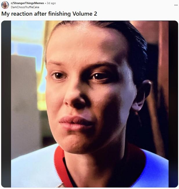 A meme using Eleven's face from Stranger Things 5. The meme reads, "My Reaction After Finishing Volume 2."