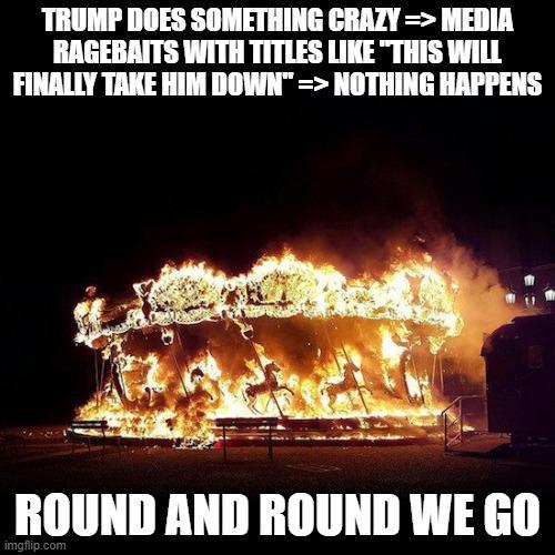 TRUMP DOES SOMETHING CRAZY => MEDIA RAGEBAITS WITH TITLES LIKE "THIS WILL FINALLY TAKE HIM DOWN" => NOTHING HAPPENS ROUND AND ROUND WE GO imgflip.com