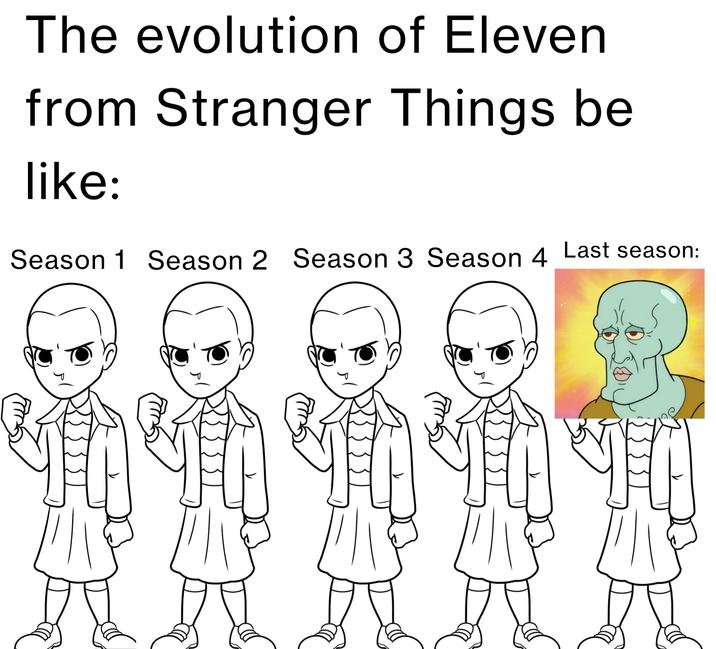 The evolution of Eleven from Stranger Things be like: Season 1 Season 2 Season 3 Season 4 Last season: