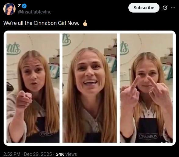 Z❤ @insatiablevine We're all the Cinnabon Girl Now. ats 2:52 PM - Dec 29, 2025 54K Views is Subscribe CNNABON
