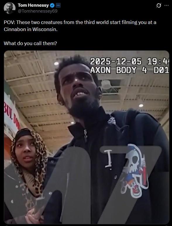 A tweet reading, "POV: These two creatures from the third world start filming you at a Cinnabon in Wisconsin. What do you call them?"