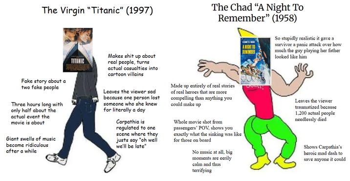 The Virgin "Titanic" (1997) The Chad "A Night To Remember" (1958) KENNETH MORE A NIGHT TO REMEMBER So stupidly realistic it gave a survivor a panic attack over how much the guy playing her father looked like him Fake story about a two fake people Three hours long with only half about the actual event the movie is about Giant swells of music become ridiculous after a while TITANIC Makes s--- up about real people, turns actual casualties into cartoon villains Leaves the viewer sad because one person lost someone who she knew for literally a day Carpathia is regulated to one scene where they justs say "oh well we'll be late" EV Made up entirely of real stories of real heroes that are more compelling than anything you could make up Whole movie shot from passengers' POV, shows you exactly what the sinking was like for those on board No music at all, big moments are eerily calm and thus terrifying Leaves the viewer traumatized because 1,200 actual people needlessly died Shows Carpathia's heroic mad dash to save anyone it could
