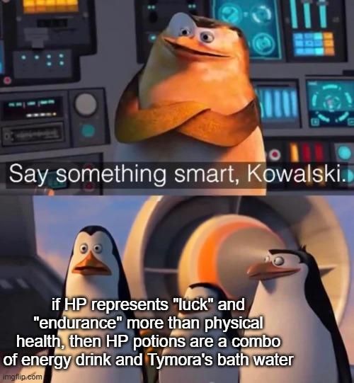 Say something smart, Kowalski. if HP represents "luck" and "endurance" more than physical health, then HP potions are a combo of energy drink and Tymora's bath water imgflip.com