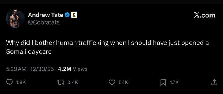 Andrew Tate @Cobratate X.com Why did I bother human trafficking when I should have just opened a Somali daycare 5:29 AM 12/30/25 4.2M Views 1.8K 3.4K 54K 1.7K ←]
