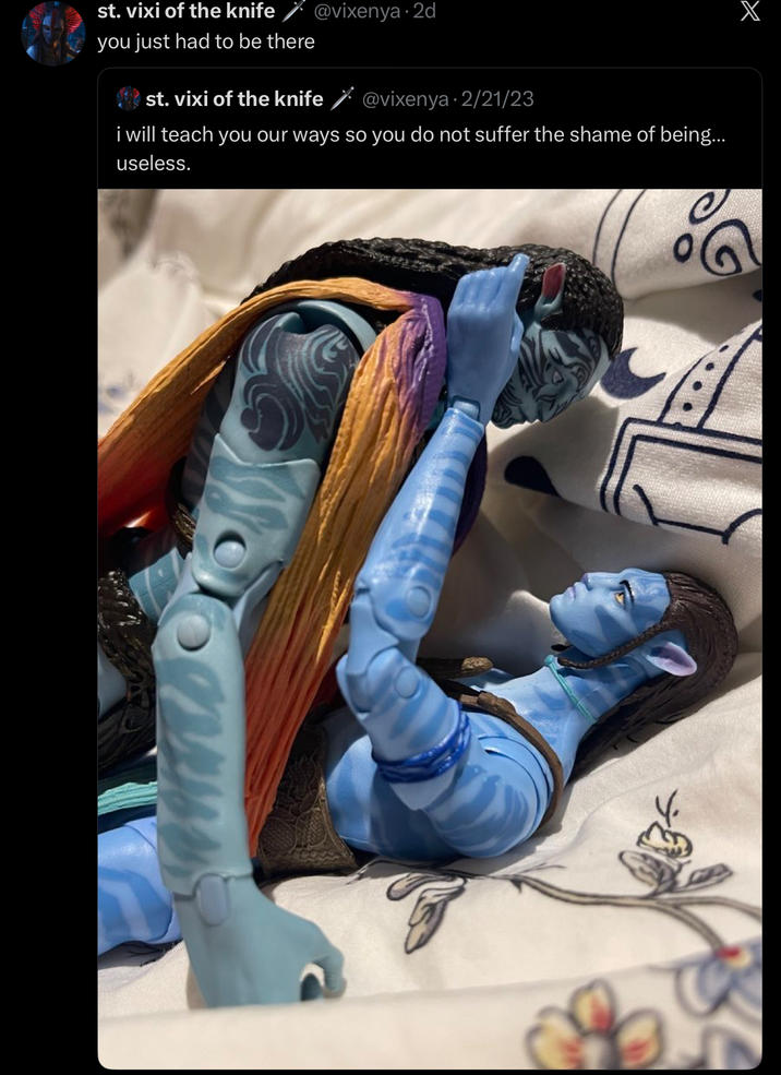 st. vixi of the knife @vixenya · 2d you just had to be there st. vixi of the knife @vixenya· 2/21/23 i will teach you our ways so you do not suffer the shame of being... useless. X