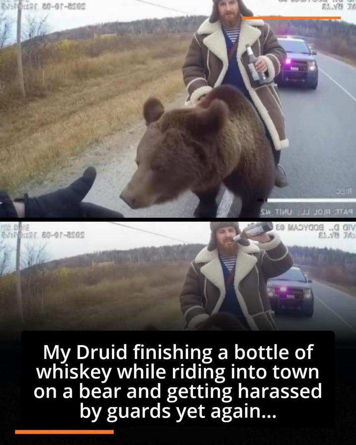 Ber 20-or-asos ELV JA ОНІЯ SH TIVUJJ JОЯ ТАЯ BST 80-01-ases EG MADYOOE ..G GIV ELVB JA My Druid finishing a bottle of whiskey while riding into town on a bear and getting harassed by guards yet again...