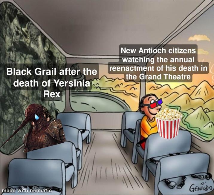 Black Grail after the death of Yersinia Rex New Antioch citizens watching the annual reenactment of his death in the Grand Theatre made with mematic GENILDO