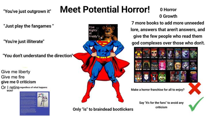 "You've just outgrown it" "Just play the fangames" "You're just illiterate" Meet Potential Horror! "You don't understand the direction" Five Nights at Freddy's 0 Horror 0 Growth 7 more books to add more unneeded lore, answers that aren't answers, and give the few people who read them god complexes over those who don't. Give me liberty Give me fire give me 0 criticism Or I retire regardless of what happens WONT THE EYES Make a horror franchise for all to enjoy? Only "is" to braindead bootlickers Say "it's for the fans" to avoid any criticism