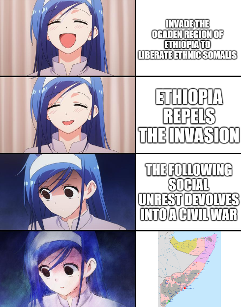 INVADE THE OGADEN REGION OF ETHIOPIA TO LIBERATE ETHNIC SOMALIS ETHIOPIA REPELS THE INVASION THE FOLLOWING SOCIAL UNREST DEVOLVES INTO A CIVIL WAR
