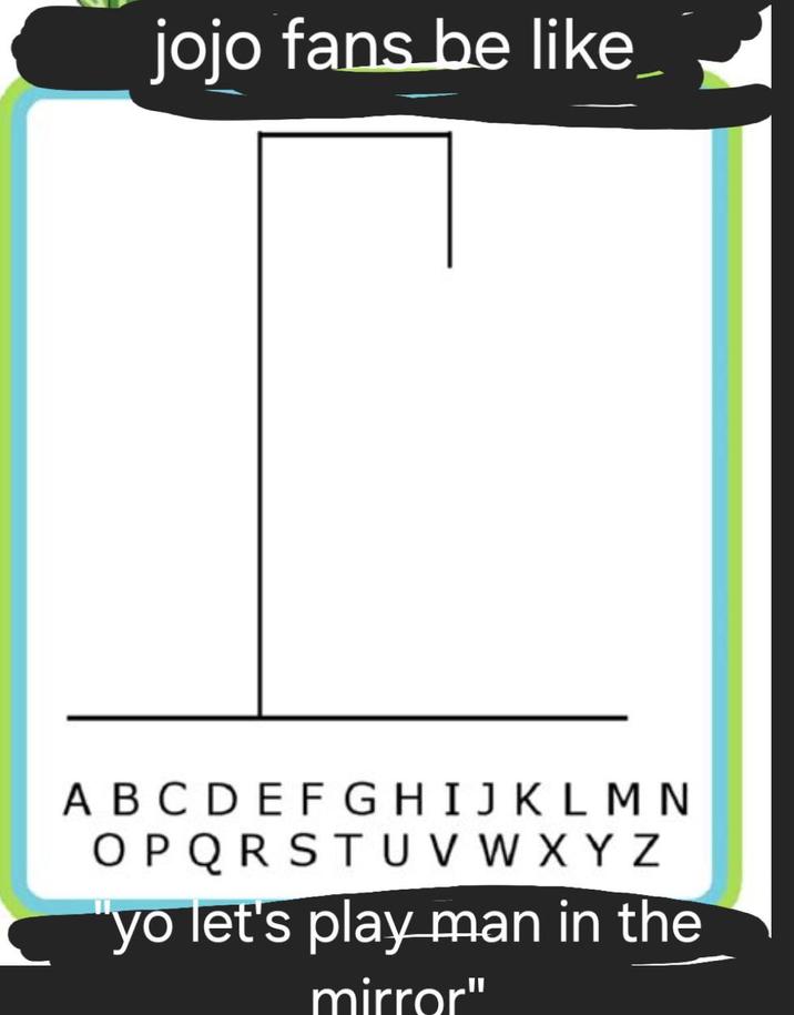 jojo fans be like ABCDEFGHIJKLMN OPQRSTU V W X Y Z "yo let's play man in the mirror"
