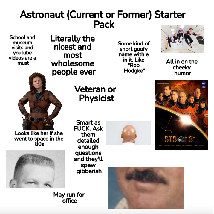 Astronaut (Current or Former) Starter School and museum visits and youtube videos are a must Literally the nicest and most Pack wholesome people ever Veteran or Physicist Some kind of short goofy name with e in it. Like "Rob Hodgke" HOM SPACE All in on the cheeky humor Looks like her if she Smart as F---. Ask them went to space in the 80s detailed enough questions and they'll spew gibberish May run for office STS 131 WILSON MASTRACCHIO DUTION POINDEXTER METCALF-LINDENBURGER ANDERSON YAMAZAKI