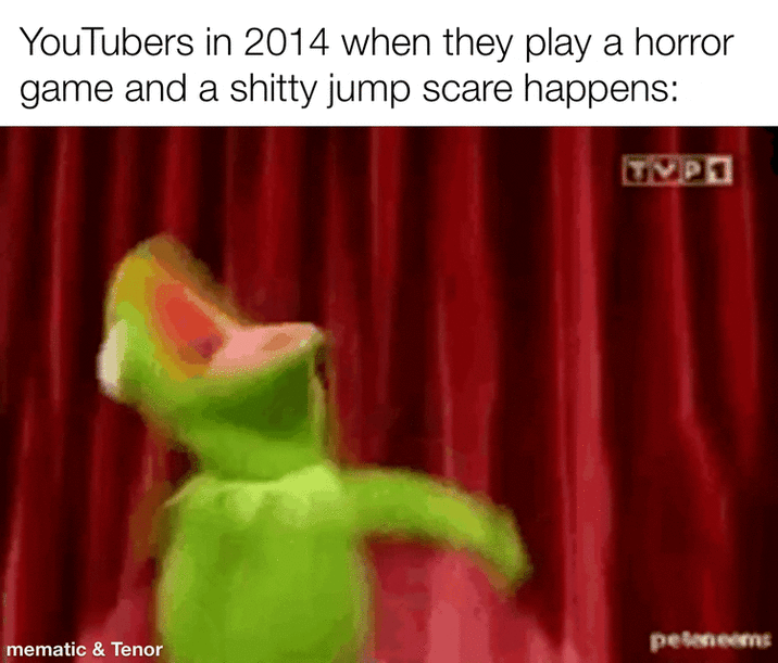 YouTubers in 2014 when they play a horror game and a s----- jump scare happens: TVP1 mematic & Tenor peleneems