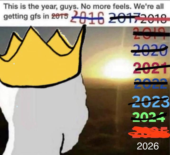 This is the year, guys. No more feels. We're all getting gfs in 2015 2016 20172018- 2021 2023 22- 2026