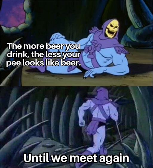 The more beer you drink, the less your pee looks like beer. Until we meet again