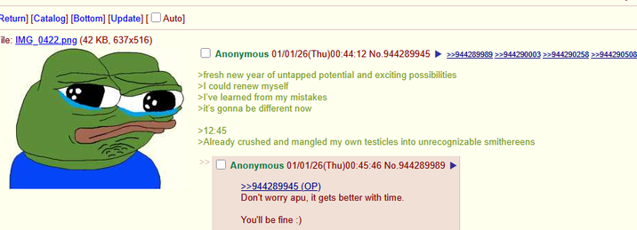 Return] [Catalog] [Bottom] [Update] [ Auto] ile: IMG_0422.png (42 KB, 637x516) Anonymous 01/01/26(Thu)00:44:12 No.944289945 >>944289989 >>944290003 >>944290258 >>944290508 >fresh new year of untapped potential and exciting possibilities >I could renew myself >I've learned from my mistakes >it's gonna be different now >12:45 >Already crushed and mangled my own testicles into unrecognizable smithereens Anonymous 01/01/26(Thu)00:45:46 No.944289989 >>944289945 (OP) Don't worry apu, it gets better with time. You'll be fine :)