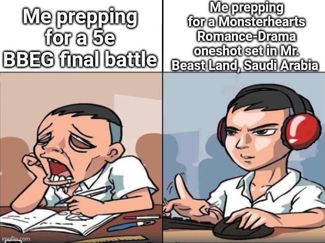 Me prepping for a 5e Me prepping for a Monsterhearts Romance-Drama oneshot set in Mr. BBEG final battle Beast Land, Saudi Arabia impaflip.com