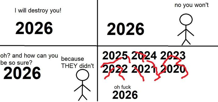 I will destroy you! 2026 oh? and how can you because be so sure? 2026 THEY didn't 2026 no you won't 2025 2024 2023 2022 2021 2020 oh f--- 2026