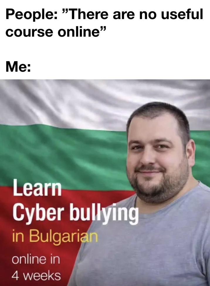 People: "There are no useful course online" Me: Learn Cyber bullying in Bulgarian online in 4 weeks