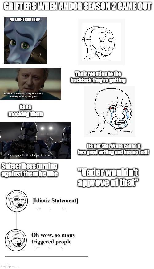 GRIFTERS WHEN ANDOR SEASON 2 CAME OUT NO LIGHTSABERS? There's a whole galaxy out there waiting to disgust you. Fans mocking them Their reaction to the backlash they're getting I'm sorry sir, it's time for you to leave. Subscribers turning against them be like [Idiotic Statement] Its not Star Wars cause it has good writing and has no Jedi! "Vader wouldn't approve of that imgflip.com Oh wow, so many triggered people Он