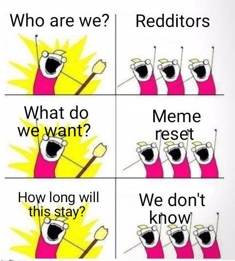 Who are we? Redditors What do we want? Meme reset How long will this stay? We don't know