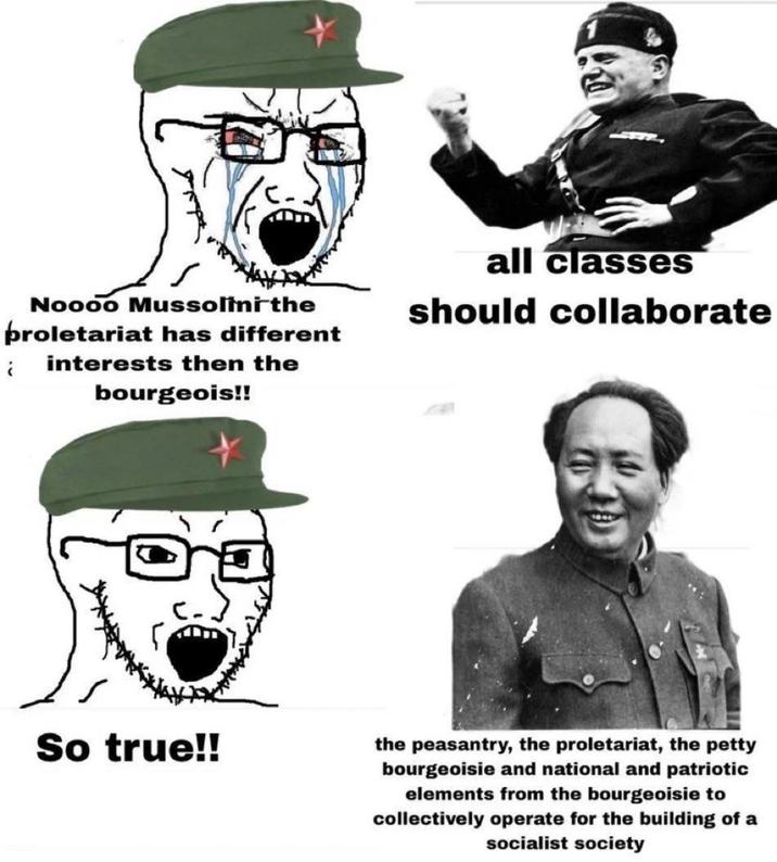 all classes Noooo Mussolini the proletariat has different interests then the bourgeois!! should collaborate So true!! the peasantry, the proletariat, the petty bourgeoisie and national and patriotic elements from the bourgeoisie to collectively operate for the building of a socialist society