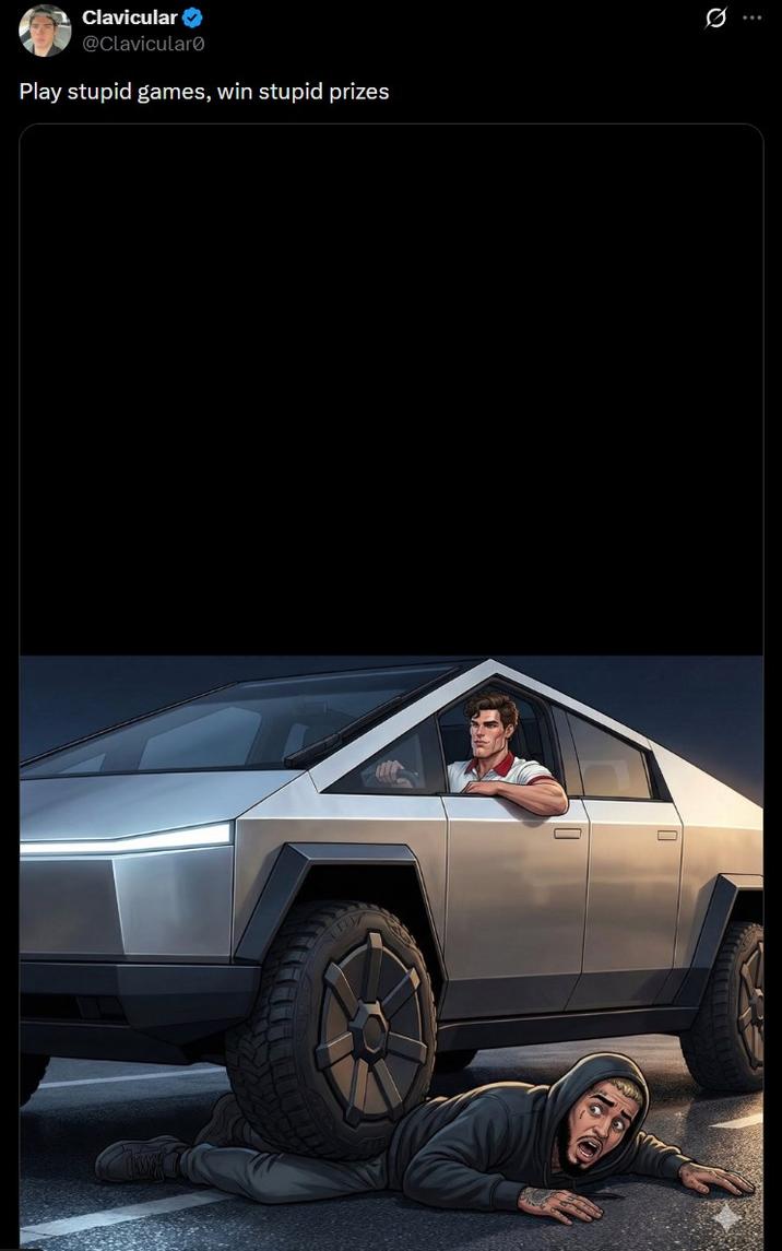 Clavicular's AI-generated post following the incident in which he allegedly drove over someone with his Cybertruck in late 2025.