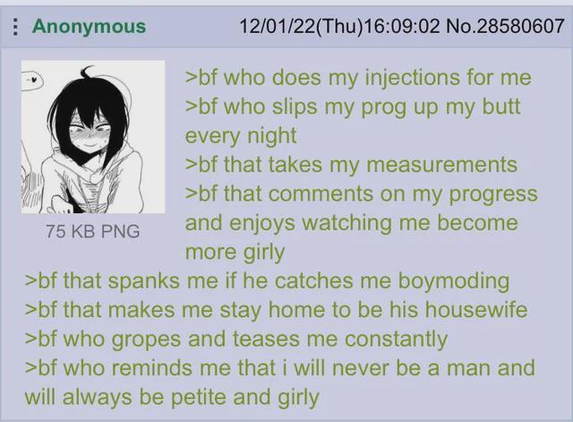 Anonymous 75 KB PNG 12/01/22(Thu)16:09:02 No.28580607 >bf who does my injections for me >bf who slips my prog up my butt every night >bf that takes my measurements >bf that comments on my progress and enjoys watching me become more girly >bf that spanks me if he catches me boymoding >bf that makes me stay home to be his housewife >bf who gropes and teases me constantly >bf who reminds me that i will never be a man and will always be petite and girly